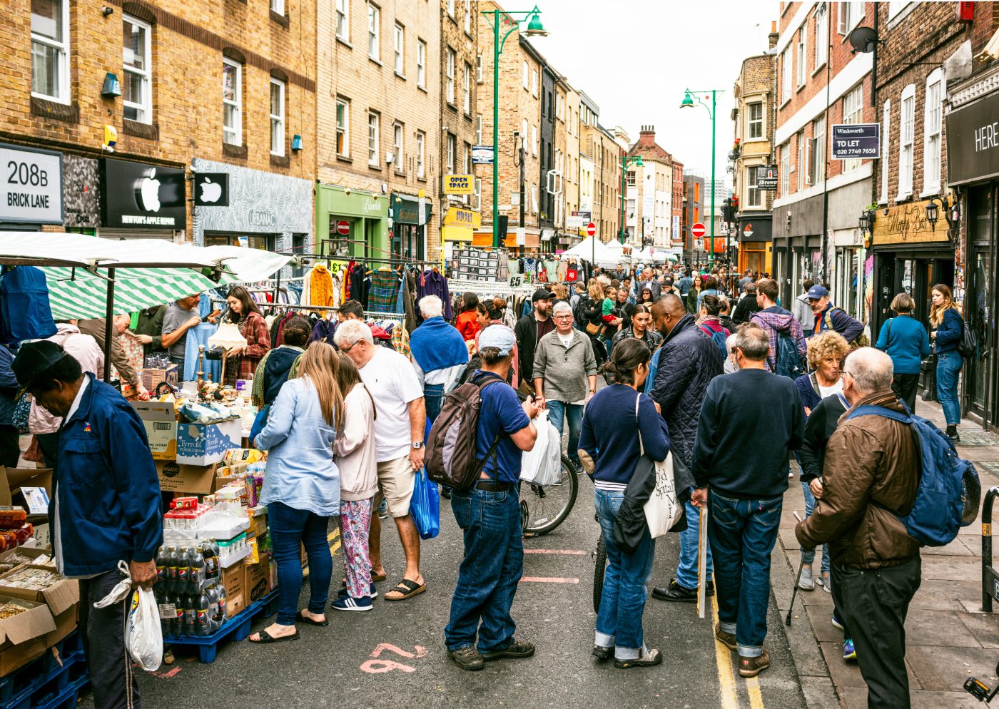 Brick Lane i London, travel med shoppere.