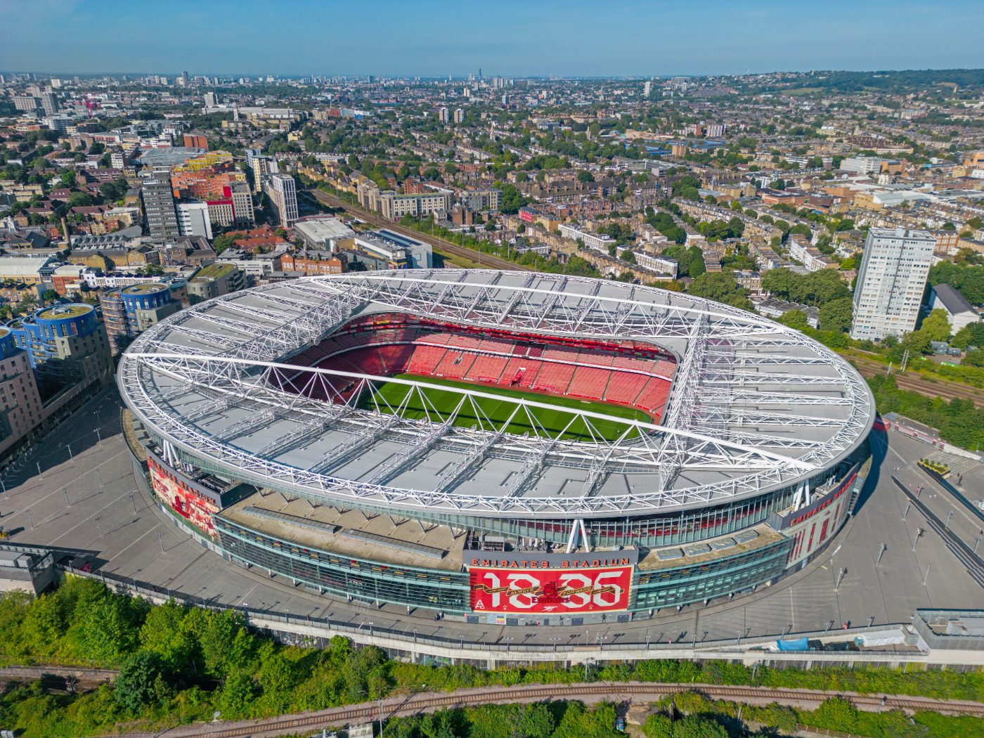 London, Storbritannia: Flyfoto av Emirates Stadium, hjemmebanen til Arsenal Football Club.